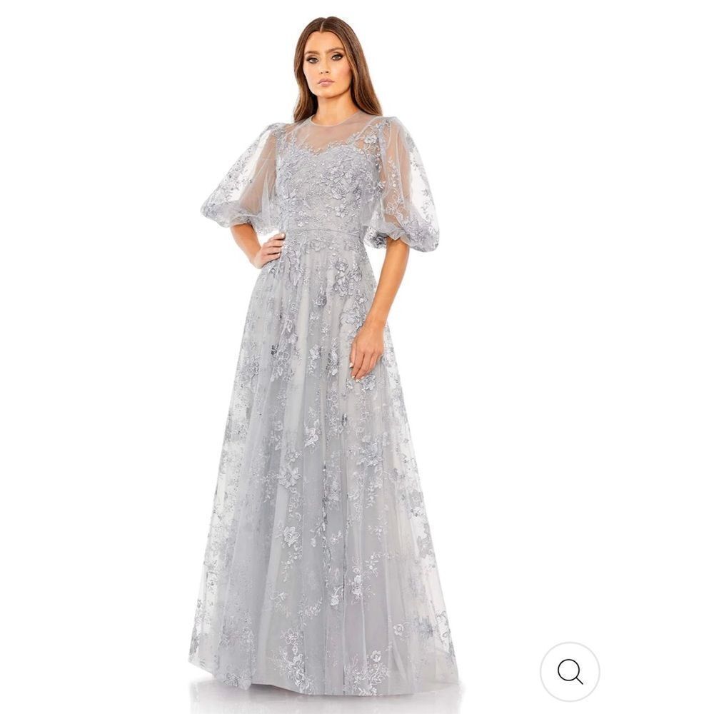 NEW Mac Duggal women’s embroidered illusion high neck puff sleeve dress size 16